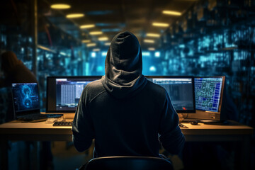 Generative AI portrait hacker in dark room secret organization community specialists