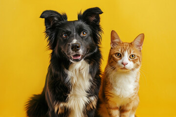Dog and cat sitting together on yellow background and looking at camera. Pets posing. Friendship between dog and cat.
