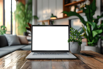 Fototapeta premium Transparent Laptop Display Mockup on Wooden Table and Potted Plant Decor