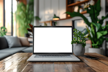 Transparent Laptop Display Mockup on Wooden Table and Potted Plant Decor