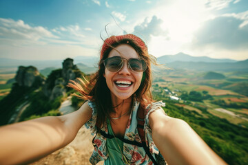 Female traveler taking selfie against beautiful mountain landscape. Portrait of happy woman hiking in mountains. Travel blogger takes down content