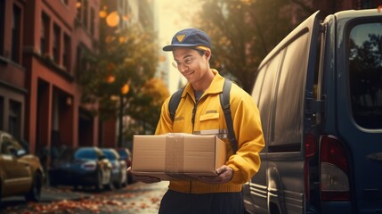Fototapeta na wymiar Delivery courier service. Delivery man in cap and uniform holding a cardboard box near a van truck delivering to customer home. Smiling man postal delivery man delivering a package Ai generated