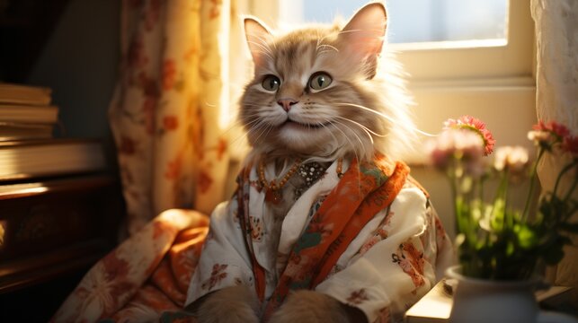 A cat wearing a kimono is sitting in front of a window