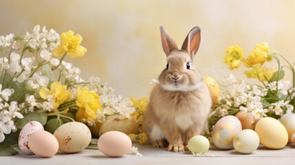 Fototapeta na wymiar Easter bunny rabbit with colorful eggs, holiday concept