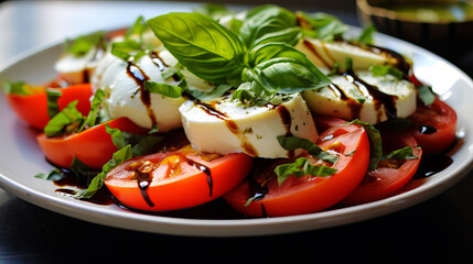 Italian caprese salad with sliced tomatoes, mozzarella cheese, basil, olive oil. - obrazy, fototapety, plakaty