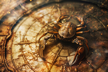 Cancer zodiac sign against horoscope wheel. Astrology calendar. Esoteric horoscope and fortune telling concept.