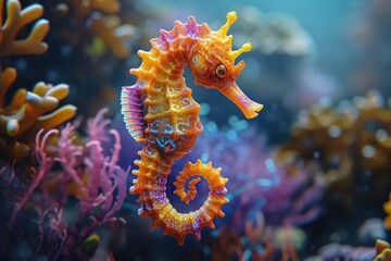 underwater close-up of a seahorse, its tiny tentacles swaying amidst coral reefs