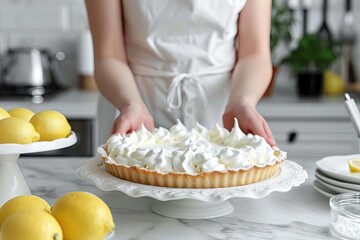 Obraz na płótnie Canvas Closeup of woman making lemon meringue pie on marble kitchen table