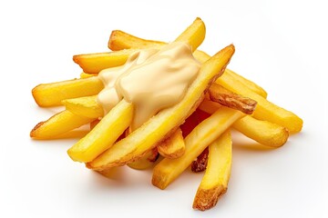 Tasty cheese sauce on white background covering French fries