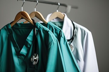 Obraz premium Doctor s scrubs and lab coat on hangers with stethoscope against a neutral background Green and white attire on gray backdrop
