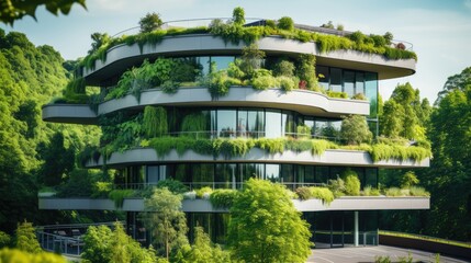 Fototapeta premium Eco-friendly building in the modern city. Sustainable glass office building with tree for reducing carbon dioxide. Office building with green environment. Corporate building reduce CO2 Ai generated