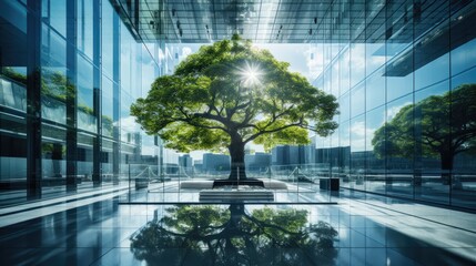 Eco-friendly building in the modern city. Sustainable glass office building with tree for reducing carbon dioxide. Office building with green environment. Corporate building reduce CO2 Ai generated