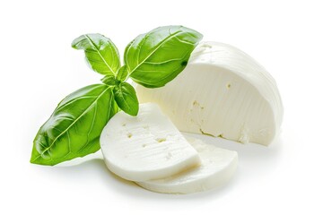 Isolated mozzarella cheese with basil leaf on white background
