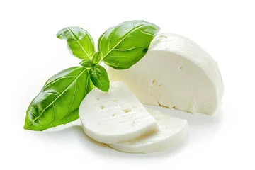 Foto op Plexiglas Isolated mozzarella cheese with basil leaf on white background © The Big L