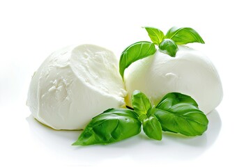 Italian Mozzarella cheese and basil on white