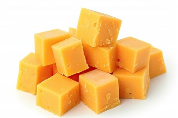 Isolated white cubes of cheddar cheese - obrazy, fototapety, plakaty