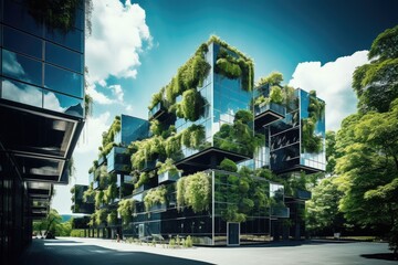 Obraz premium Eco-friendly building in the modern city. Sustainable glass office building with tree for reducing carbon dioxide. Office building with green environment. Corporate building reduce CO2 Ai generated