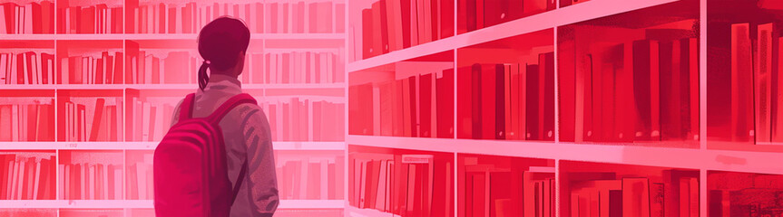 Obraz premium Red Silhouette of Person in Library 