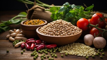 Close-up of a variety of legumes in wooden bowls with fresh vegetables on a brown background. Ingredients for vegetarian dishes, Healthy eating concepts.