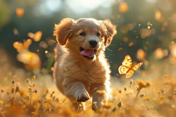 playful puppy chasing butterflies in a meadow - obrazy, fototapety, plakaty