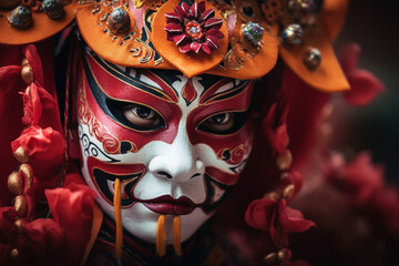 Generative AI picture of person adorned with facial tattoos in traditional mask celebrate indian festive event