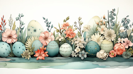Easter charm  a serene sunrise, playful bunny, or intricate still life. Adorned with pastels, blossoms, and eggs, it captures the essence of family, tradition, and spring's beauty,  generative AI - obrazy, fototapety, plakaty