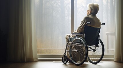 A senior in a wheelchair gazes out a window, contemplating life in a retirement home, embodying the need for compassionate eldercare and personal assistance. Ai generated - obrazy, fototapety, plakaty