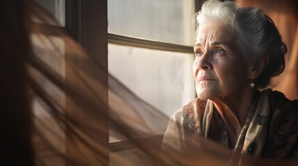 A senior in a wheelchair gazes out a window, contemplating life in a retirement home, embodying the need for compassionate eldercare and personal assistance. Ai generated