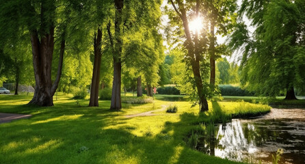 Obraz premium a park with a river and trees in the background and a car parked on the side of the road, generative ai