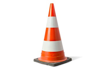 Striped white and orange traffic cone isolated on white background
