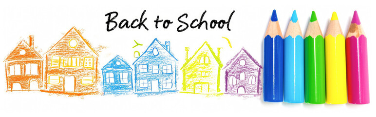 Back to school banner with colorful houses and colorful crayons.