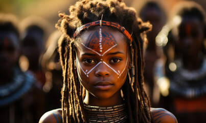Young indigenous African girl with traditional face paint and tribal attire stands resolutely, her gaze piercing, against a backdrop of her community members