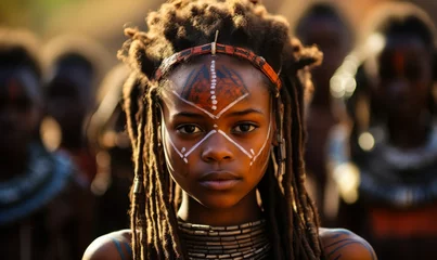 Foto auf Acrylglas Heringsdorf, Deutschland Young indigenous African girl with traditional face paint and tribal attire stands resolutely, her gaze piercing, against a backdrop of her community members