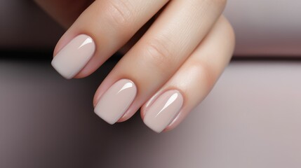 Woman hand with nude shades nail polish on her fingernails. Nude color nail manicure with gel polish at luxury beauty salon. Nail art and design. Female hand model. French manicure Ai generated