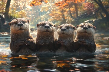 group of otters holding hands while floating down a serene river