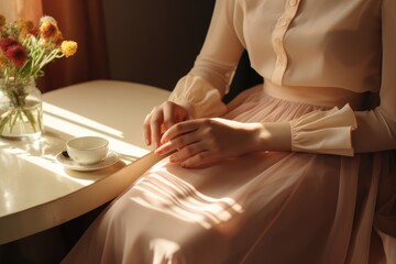 Fototapeta premium Woman hand with nude shades nail polish on her fingernails. Nude color nail manicure with gel polish at luxury beauty salon. Nail art and design. Female hand model. French manicure Ai generated