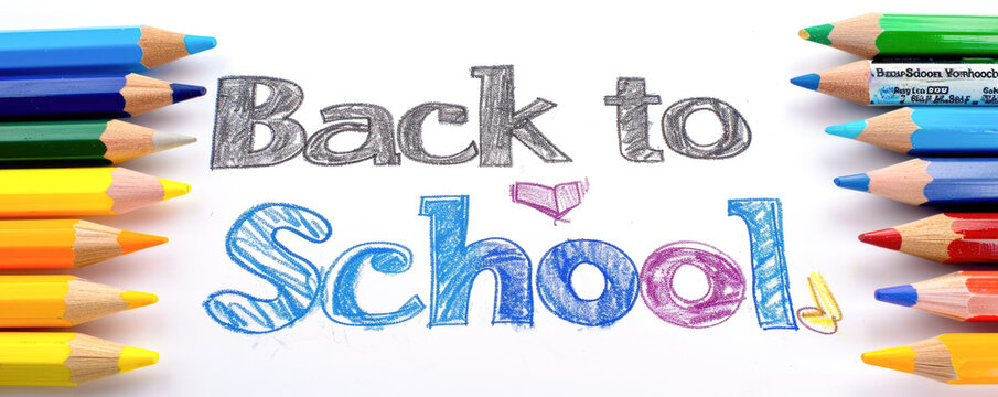 Back to school text written with colored pencils isolated on white background