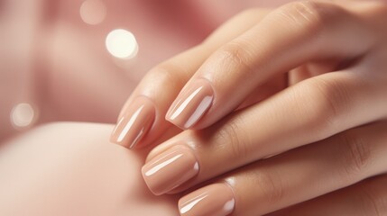 Woman hand with nude shades nail polish on her fingernails. Nude color nail manicure with gel polish at luxury beauty salon. Nail art and design. Female hand model. French manicure Ai generated