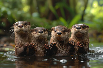 group of otters holding hands while floating down a serene river