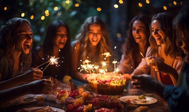 Joyful celebration with friends gathered for a birthday party, sparkling cake candles, toasting with champagne glasses at dusk