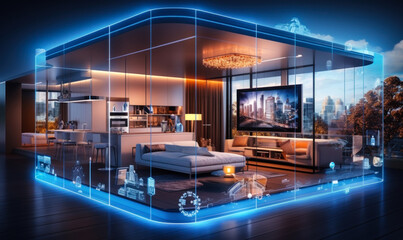 Futuristic smart home interior with advanced digital interface technology, luxury modern living space against a cityscape during sunset