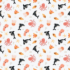 Seamless pattern with sea animals. Octopus, shark, cuttlefish, fish, jellyfish, snacks, starfish	
