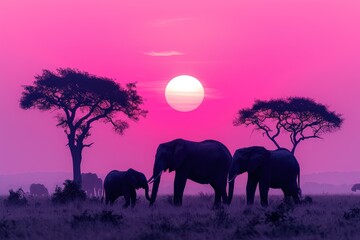 Fototapeta premium family of elephants silhouetted against a pink African sunrise, trunks raised in greeting
