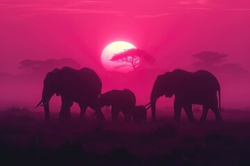 Fototapeta na wymiar family of elephants silhouetted against a pink African sunrise, trunks raised in greeting