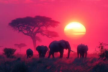 family of elephants silhouetted against a pink African sunrise, trunks raised in greeting