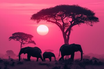 Fototapeta premium family of elephants silhouetted against a pink African sunrise, trunks raised in greeting