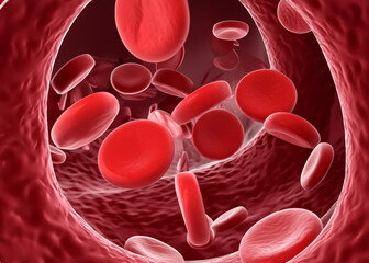 Close-up of red blood cells flowing in a blood vessel.