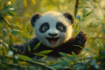 Obraz premium fluffy baby panda playfully tumbling in a bamboo forest