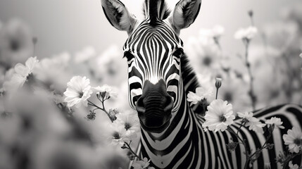 A zebra in a meadow with flowers, black and white photo