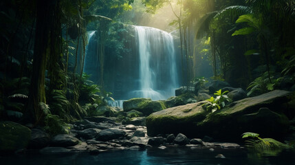 A waterfall in the middle of a tropical forest - obrazy, fototapety, plakaty